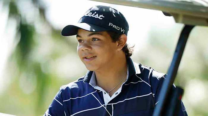 Charlie Woods looks on during pre-qualifying for the Cognizant Classic in The Palm Beaches at Lost Lake Golf Club on Feb. 22, 2024. in Hobe Sound, Fla.